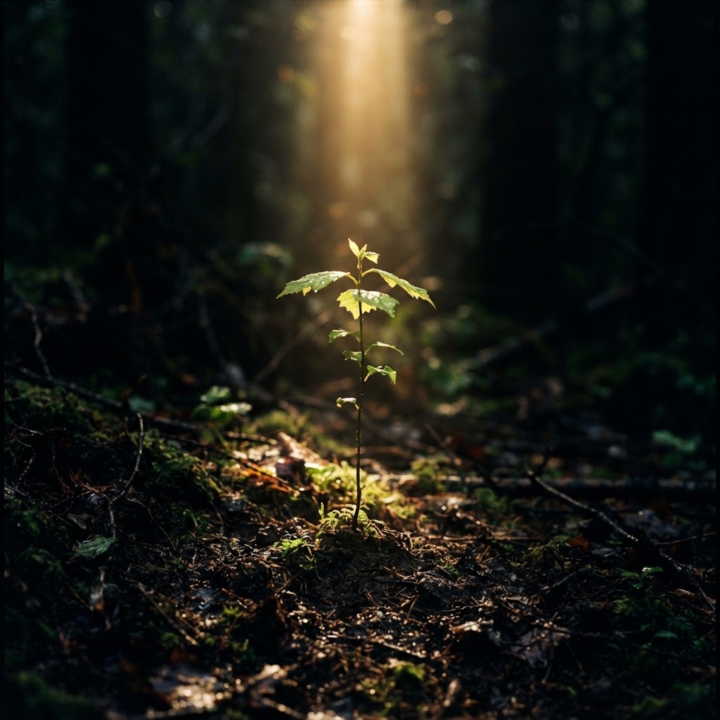 A small sapling growing in a dark forest with light rays