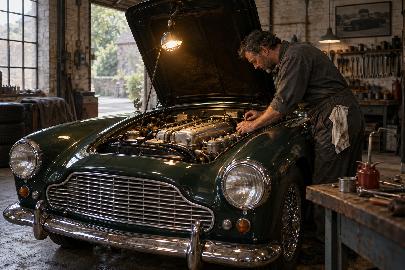 Open bonnet of a vintage car with engine illuminated